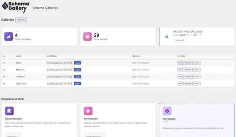 Schema Gallery WordPress admin dashboard with gallery shortcodes