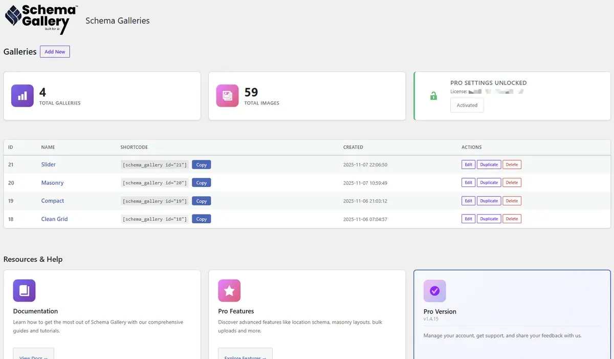 Schema Gallery WordPress admin dashboard with gallery shortcodes