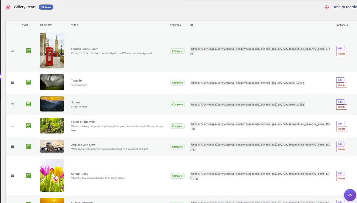 Schema Gallery item list showing complete schema status for each image