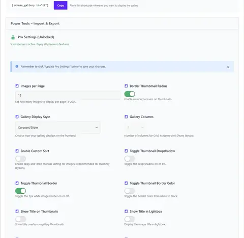 Schema Gallery Pro display settings — layouts, columns, borders and lightbox