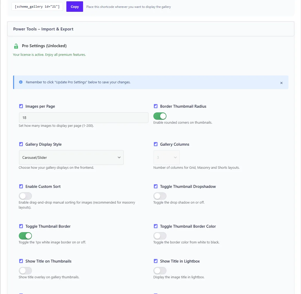 Schema Gallery Pro display settings — layouts, columns, borders and lightbox