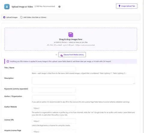 Schema Gallery bulk upload with title, description, author and license fields