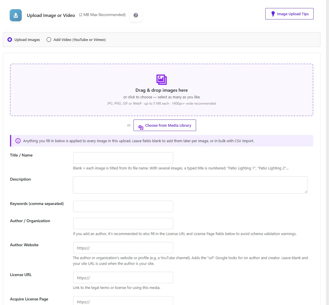 Schema Gallery bulk upload with title, description, author and license fields